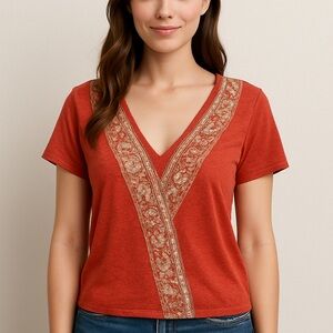 Lucky Brand Rust Red V-Neck Tee with Gold Embroidered V Panel